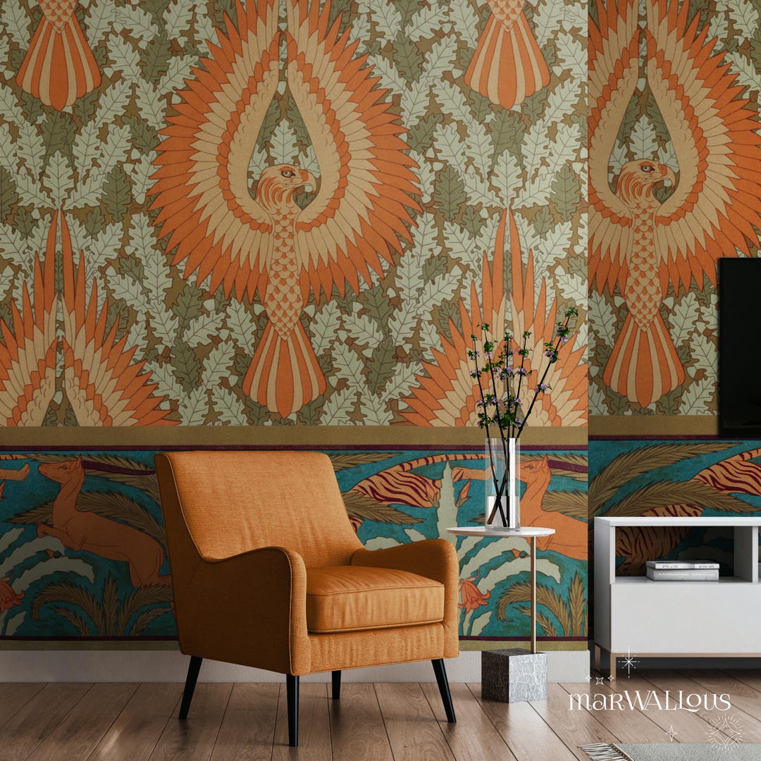 Glamorous Art Deco Eagles Wallpaper, Vintage 1920s Orange and Teal Peel ...