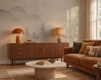 Vintage Japanese Landscape Wallpaper, Misty Mountain Wall Mural, Asian Ink Wash Wallpaper, Neutral Scenic Mural, Japandi Decor 311