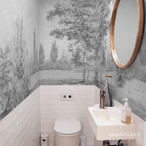 Panoramic forest decor, Scenic wallpaper, Removable wallpaper, Black and white wallpaper, Vintage landscape, Tree 93