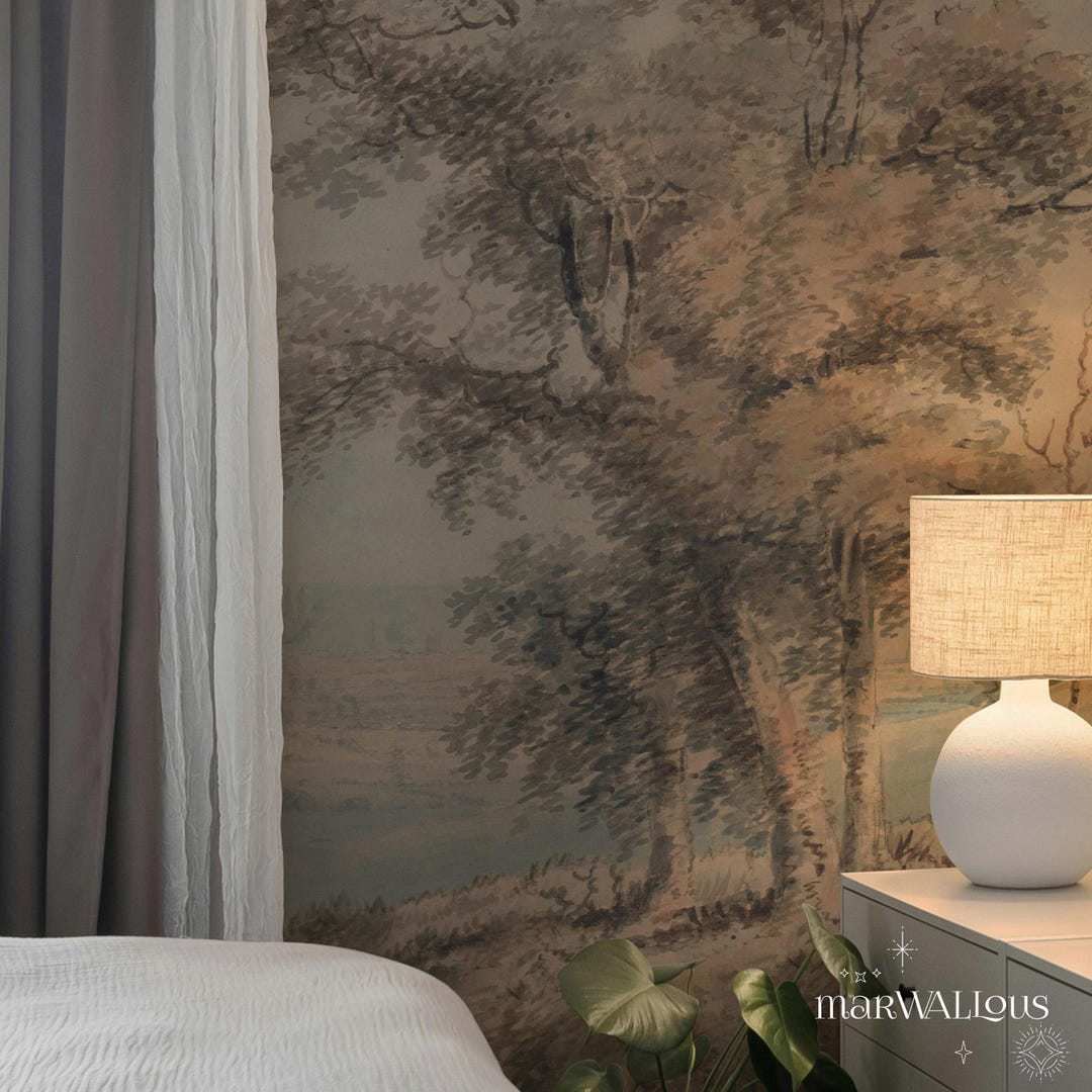 Pastoral Landscape Wallpaper, Vintage Countryside Design, Watercolor ...