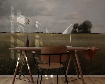 An oil painting of a traditional English countryside view of farm fields, Removable or regular wallpaper 95