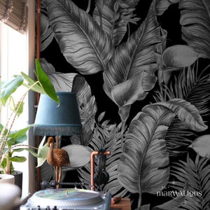 Monochrome jungle wall mural, Removable material, Botanical wallpaper, Minimalist tropical wallpaper, Black and white leaves 108