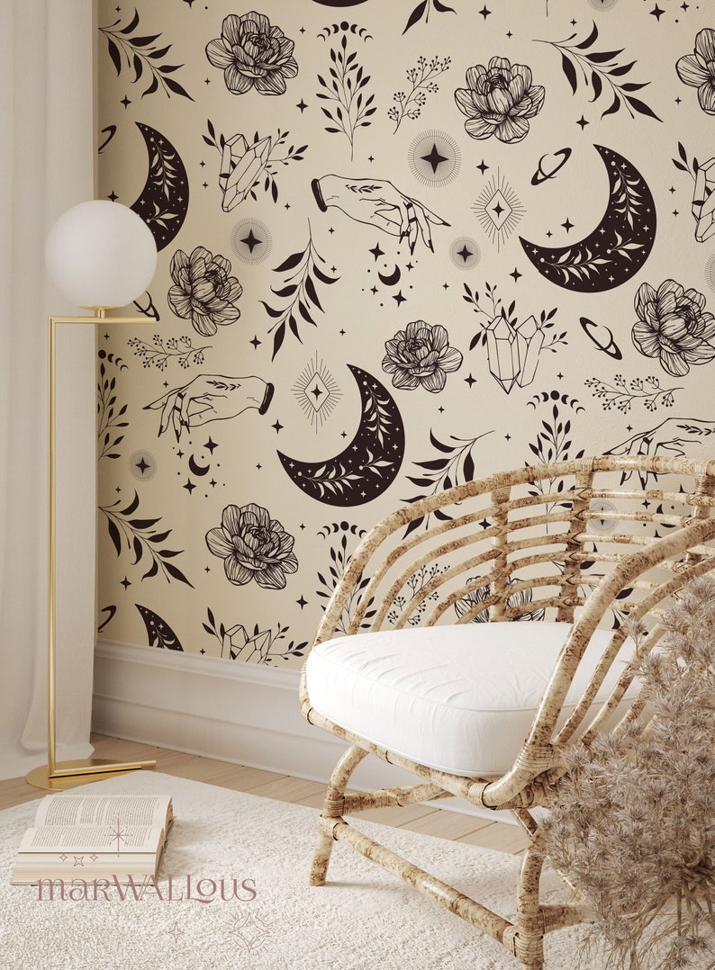 Minimalist pattern with esoteric symbols printed on a removable or a traditional non-woven wallpaper material. Witchy style.