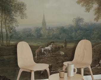 Vintage Landscape Wallpaper, Pastoral Countryside Wall Mural, Antique Rural Landscape, Scenic Nature Wallpaper, English Country Decor 299