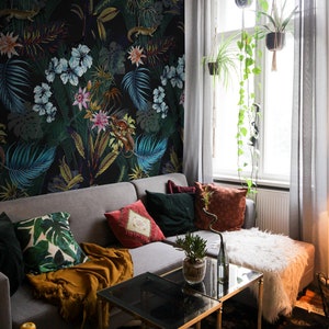 Dark tropical wallpaper, Exotic wall mural, Floral wallpaper, Enchanted garden, Peel and stick, Botanical 85 image 2