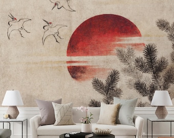 Japanese Crane Wallpaper, Red Sun Mural, Pine Tree Art, Asian Zen Decor, Vintage Bird Print, Peel and Stick Removable Wall 278