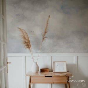 Soft cloudy wallpaper, Watercolor sky design, Dreamy neutral decor, Subtle atmospheric mural, Calming wall art 52
