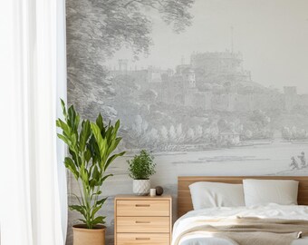 Windsor Castle Wallpaper Mural, Vintage Castle Wallpaper, Antique Landscape Wall Mural, Historic English Castle Decor, Monochrome wallart289