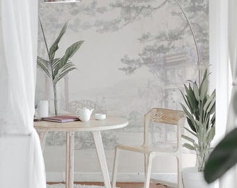 Japanese Garden Wall Mural,  Soft Watercolor Landscape Wallpaper, Zen Torii, Bridge Scene, Tranquil Asian Decor 10