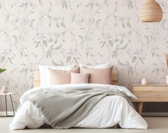Cloud Magnolia Wallpaper, Cloud Dancer Floral Wallpaper, Neutral Flower Wallpaper, Vintage Botanical Wall Mural, Cottagecore Bedroom 290