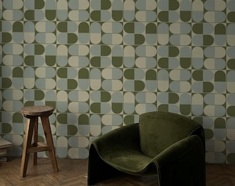 Mid Century Modern Geometric Wallpaper, Retro 60s Green Abstract Wall Mural, Olive Beige Wallpaper, Vintage Modern Decor 297