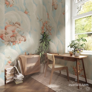 Romantic Cherub Wallpaper, Vintage Angel and Rose Floral in the Clouds, Victorian and Rococo Peel & Stick Mural 197