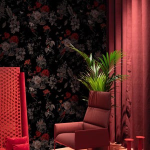 Geranium in red, Botanical wallpaper, Birds, Peel and stick, Dark academia decor, Removable wallpaper, Floral, Witchy 76