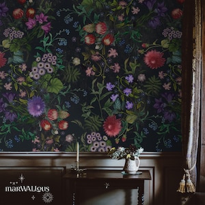 Dark Moody Floral Wallpaper, Vintage Botanical Garden Mural, Teal Red Purple Flowers, Peel & Stick, Self Adhesive, Bohemian 156