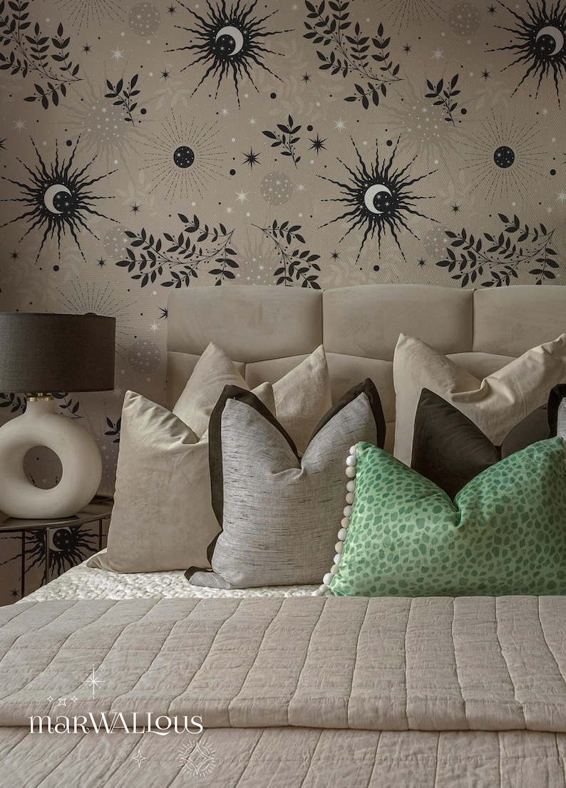 Mystic sun and moon removable wall decor, Esoteric witchy wallpaper 94 imagen 1