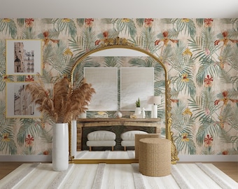 Vintage Floral Wallpaper, Tropical Palm Mural, Botanical Wall Decor, French Country Wallpaper, Tropical Bedroom Decor, Peel and Stick 295