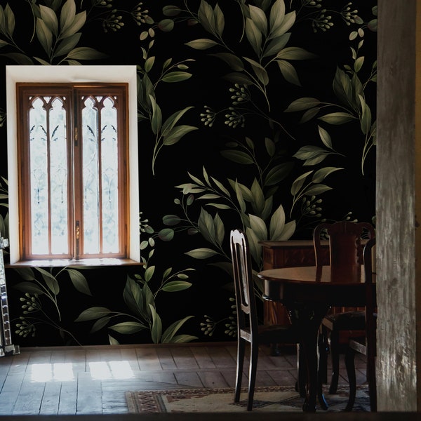 Moody botanical wallpaper, Dark academia decor, Enchanted garden wall mural, Removable wallpaper, Peel and stick 36