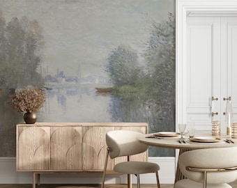 Impressionist River Wallpaper Mural, Vintage Landscape Wall Mural, French Countryside Wallpaper, Water Wall Decor, Painterly Art Mural 291