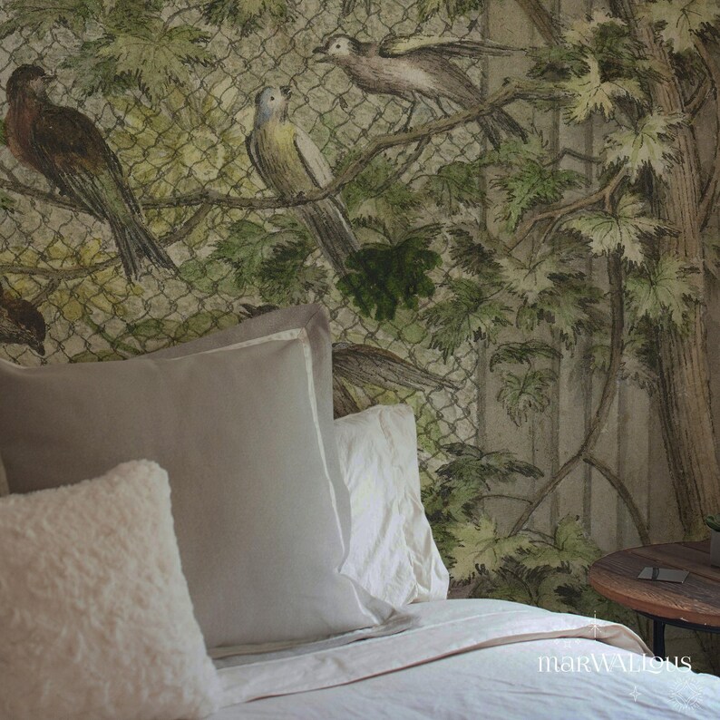 Curated visual reference: Gallery Detail: Vintage Aviary Wallpaper Birdcage Mural Ornamental Birds And Greenery