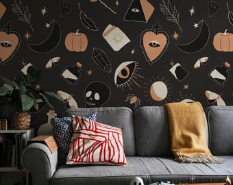 Witchy Wallpaper Peel and Stick, Boho Mystical Dark Wall Mural with Moons and Skulls, Removable Eclectic Accent Wall Decor for Bedroom 230