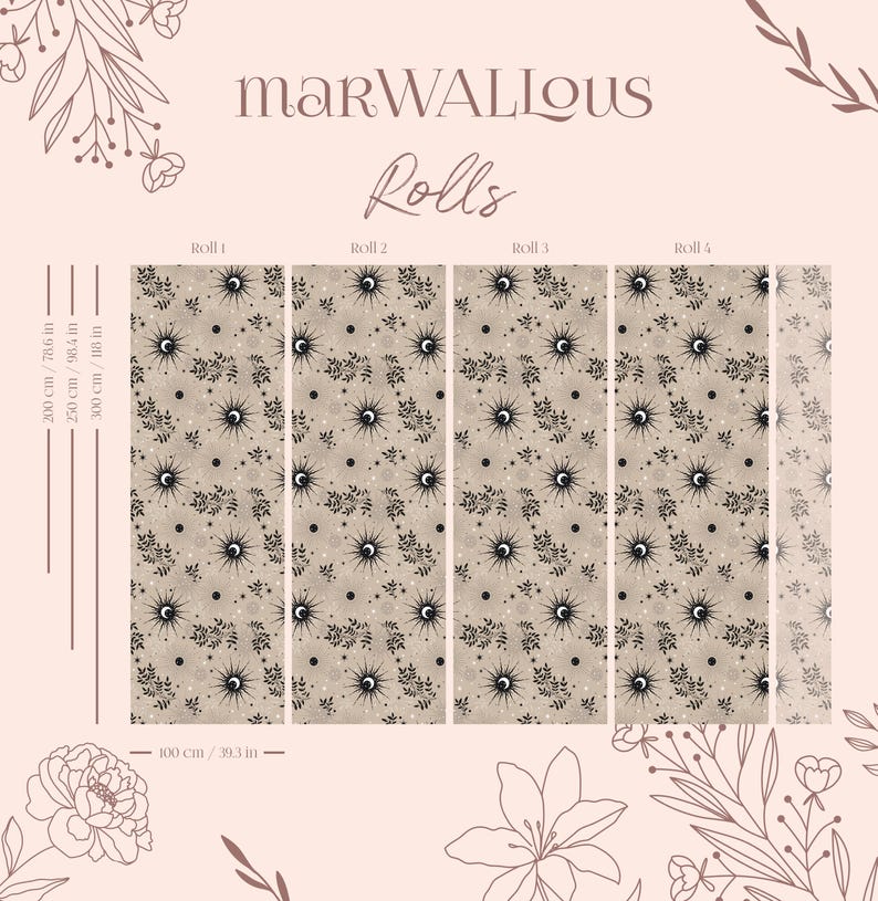Puede incluir: Rollos de papel pintado con un patr&oacute;n repetido de soles, lunas y follaje en blanco y negro sobre un fondo beige. El texto "MARWALIOUS Rolls" est&aacute; en la parte superior. Cada rollo mide 100 cm de ancho y est&aacute; disponible en longitudes de 200 cm, 250 cm y 300 cm.