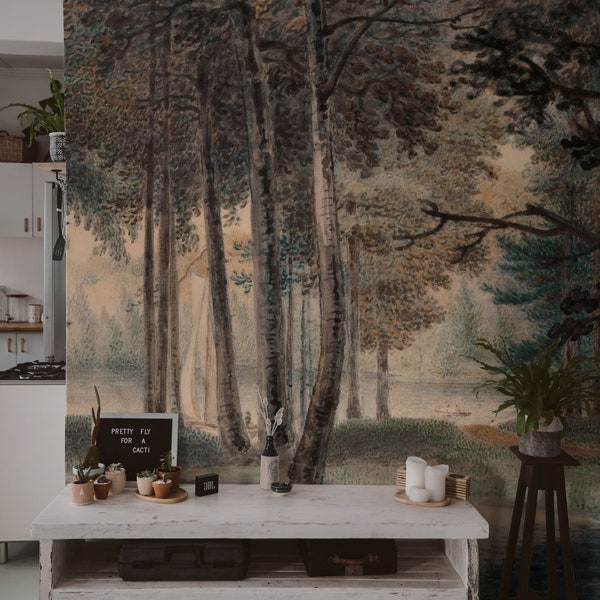 Misty forest wall mural, Repositionable, Tree wallpaper, Painting, Large print, Peel and stick, Autumn decor, Rural 23