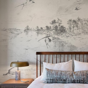 Swallow at the river, Subtle wallpaper, Peel and stick, Removable wallpaper, Black and white, Moody decor, Nursery 79