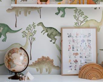 Watercolor Dinosaur Wallpaper, Sage Green Dino Pattern, Peel and Stick, Removable Boys Nursery Wall Mural 224