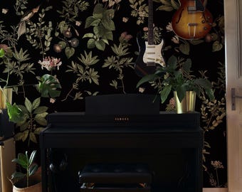 Midnight Botany wallpaper, Dark academia home decor, Dark Bloom removable wall art 104