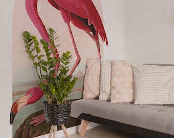 Flamingo 3D arch wall sticker, Temporary semi-circle shape headboard, Vivid exotic bird wall decal