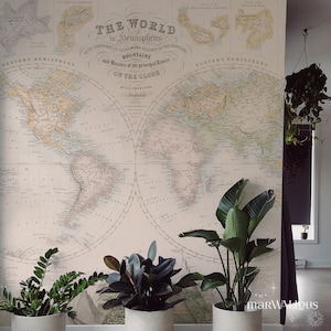 Vintage world map wallpaper, Globe illustration removable decal, Geographic print, Historical cartography art 77