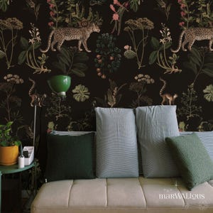 Dark botanic wallpaper cheetahs and monkeys, secret garden, plants print, removable or vinyl wall murals Dark tropical 54