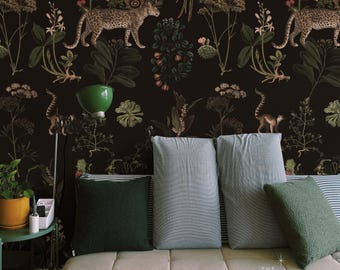 Dark botanic wallpaper cheetahs and monkeys, secret garden, plants print, removable or vinyl wall murals Dark tropical 54
