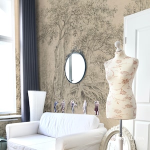 Vintage woodland wallpaper, Nature-inspired design, Sketch-style wall mural, Neutral home decor, Forest landscape art 49