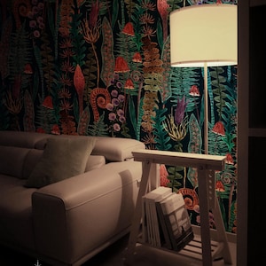 Magical jungle forest print wall mural, Dark vibrant pattern, Temporary sticker 102
