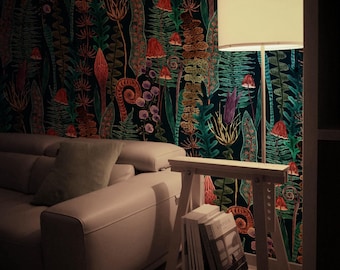 Magical jungle forest print wall mural, Dark vibrant pattern, Temporary sticker 102