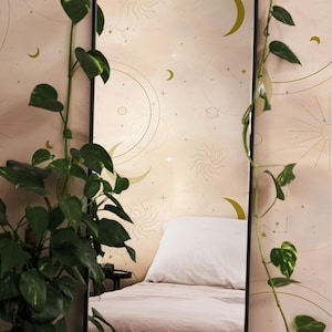 Gold celestial, Zodiac wall art, Peel and stick, Esoteric wallpaper, Witchy decor, Astrology, Renter friendly, Stars, Moon phases 09