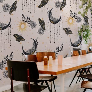 Moth and flowers wallpaper, Removable, Peel and stick, Witchy decor, Goth wall mural, Renter friendly, Selfadhesive 40