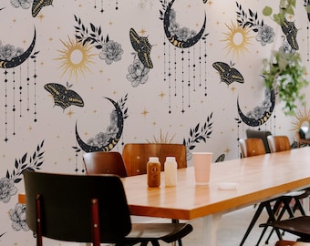 Moth and Flowers Wallpaper, Witchy Goth Decor, Peel and Stick 40