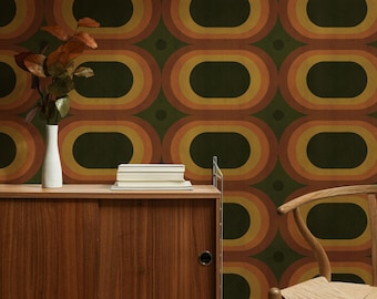 Dark Green 70s Wallpaper, Retro Geometric Wallpaper, Mid Century Modern Wall Mural, Brown Orange Vintage Wallpaper, Retro Decor 305