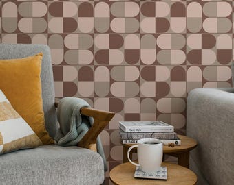 Brown Mid Century Modern Wallpaper, Retro Geometric Wallpaper, 70s Abstract Wall Mural, Chocolate Brown Wallpaper, Vintage Retro Decor 302