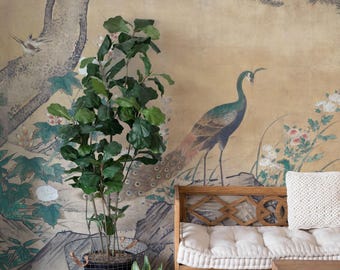 Peacock wallpaper, Japanese wall mural, Peel and stick, Removable, Watercolor art, Painting, Ukiyoe 35