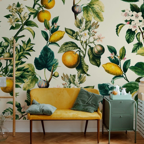 Lemon removable wallpaper, Floral, Vintage wall mural, Backsplash, Watercolor, Italian home decor, Fruits, Citrus 30