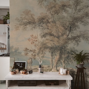 Vintage tree wallpaper, Watercolor lanscape, Panoramic, Scenic painting, Subtle wallpaper, Muted colors wall mural 81