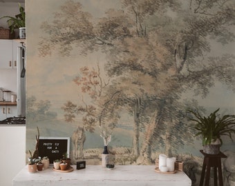 Vintage tree wallpaper, Watercolor lanscape, Panoramic, Scenic painting, Subtle wallpaper, Muted colors wall mural 81