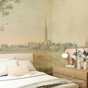 Rustic country style wallpaper, Vintage landscape, Watercolor, Scene wall mural, Peel and stick, Rural, Panoramique 86