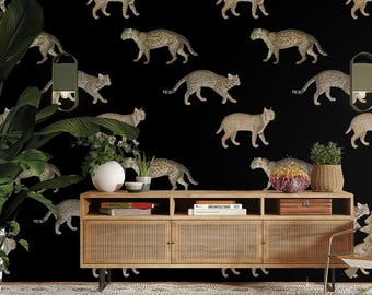 Wild Cat Wallpaper, Spotted Ocelot Pattern, Black Background Safari Mural, Eclectic Vintage Animal Art, Peel and Stick Wall Decor 279