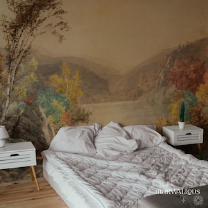 Autumn landscape wallpaper, Peel and stick, Scenic river valley mural, Warm nature-inspired decor, Rustic seasonal wall design 45