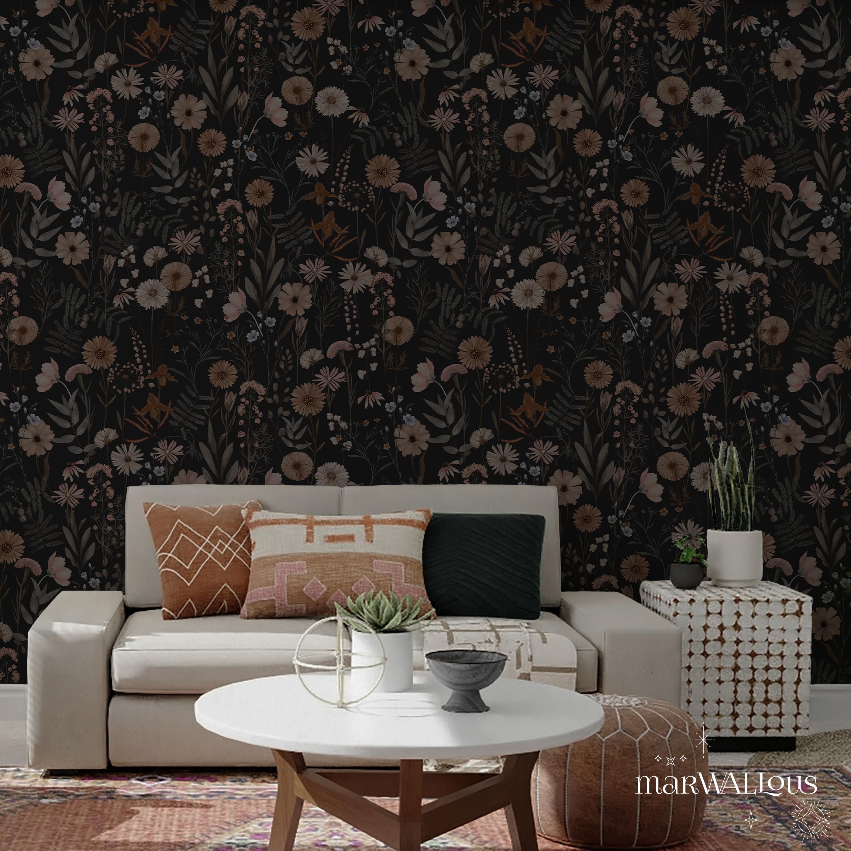 Dark Floral Peel and Stick Wallpaper, Moody Wildflower Mural 246 - Etsy