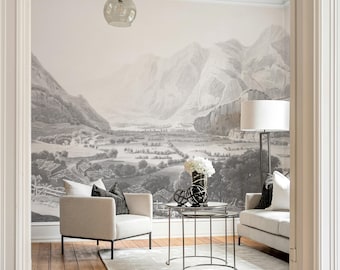 Black and White Mountain Landscape Wallpaper, Panoramic Wall Mural, Vintage Valley Scene, Neutral Peel and Stick 284